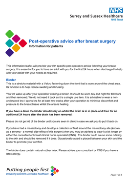 Post-Operative Advice After Breast Surgery Information for Patients