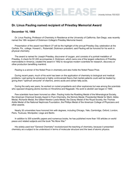 Dr. Linus Pauling Named Recipient of Priestley Memorial Award