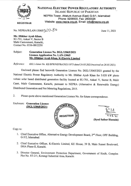 NATIONAL ELECTRW POWER REGULATORY AUTHORITY ISLAMIC REPUBLIC of PAKISTAN REGISTRAR No. Mr. Iftikhar Ayub Khan, SU-701, Askari V