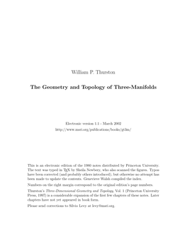 William P. Thurston the Geometry and Topology of Three-Manifolds