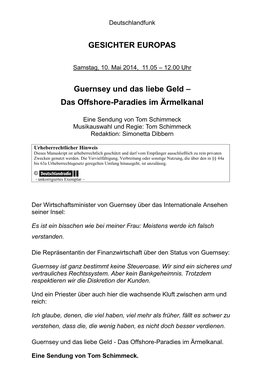 GESICHTER EUROPAS Guernsey Und Das Liebe Geld – Das Offshore