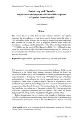 Democracy and Disorder Impeachment of Governors and Political Development in Nigeria’S Fourth Republic