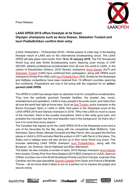 LAAX OPEN 2019 Offers Freestyle at Its Finest: Olympic Champions Such As Anna Gasser, Sebastien Toutant and Iouri Podladtchikov Confirm Their Entry
