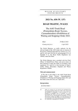 Pontardulais Road, Tycroes, Carmarthenshire) (Prohibition of Waiting and Stopping) Order 2021