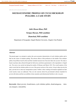 Socio-Economic Profile of Cycle Rickshaw Pullers: a Case Study