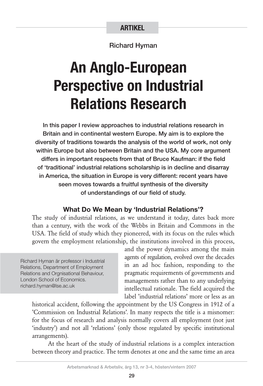 An Anglo-European Perspective on Industrial Relations Research