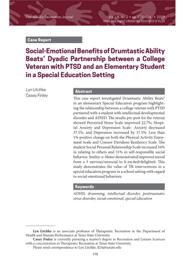 Social-Emotional Benefits of Drumtastic Ability Beats® Dyadic Partnership Between a College Veteran with PTSD and an Elementary Student in a Special Education Setting