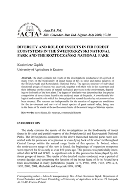 Diversity and Role of Insects in Fir Forest Ecosystems in the Świętokrzyski National Park and the Roztoczański National Park