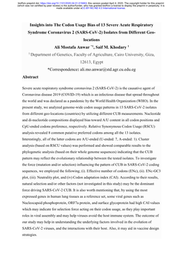 Insights Into the Codon Usage Bias of 13 Severe Acute