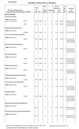 Schedule of Wine Prices to Retailers