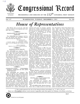 Congressional Record United States Th of America PROCEEDINGS and DEBATES of the 112 CONGRESS, FIRST SESSION