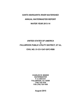 Santa Margarita River Watershed Annual Watermaster Report for the 2013-14 Water Year