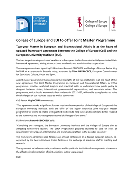 College of Europe and EUI to Offer Joint Master Programme