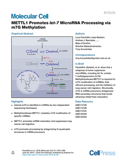 METTL1 Promotes Let-7 Microrna Processing Via M7g Methylation