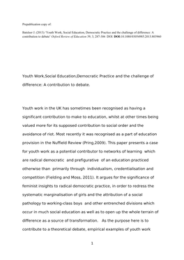 Youth Work,Social Education,Democratic Practice and the Challenge of Difference: a Contribution to Debate