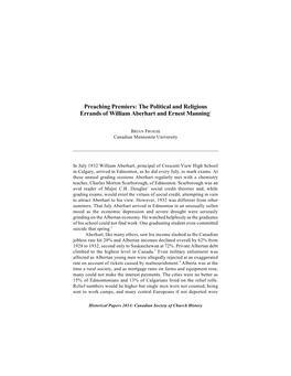 Preaching Premiers: the Political and Religious Errands of William Aberhart and Ernest Manning1