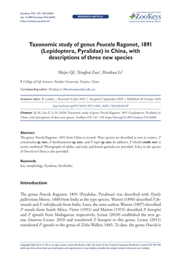 Taxonomic Study of Genus Peucela Ragonot, 1891 (Lepidoptera, Pyralidae) in China, with Descriptions of Three New Species