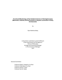 Functional Morphology of the Vertebral Column in Remingtonocetus (Mammalia, Cetacea) and the Evolution of Aquatic Locomotion in Early Archaeocetes