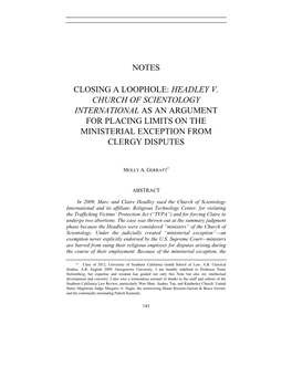 Headley V. Church of Scientology International As an Argument for Placing Limits on the Ministerial Exception from Clergy Disputes