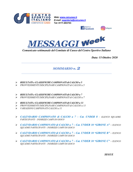 MESSAGGI Comunicato Settimanale Del Comitato Di Cuneo Del Centro Sportivo Italiano Data: 13 Ottobre 2020
