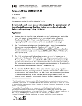 Determination of Costs Award with Respect to the Participation of the Affordable Access Coalition in the Proceeding Leading to Telecom Regulatory Policy 2016-496