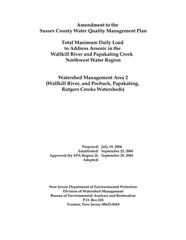 Total Maximum Daily Load to Address Arsenic in the Wallkill River and Papakating Creek Northwest Water Region