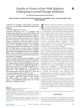 Quality of Vision in Eyes with Epiphora Undergoing Lacrimal Passage Intubation