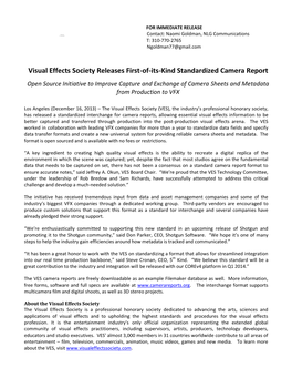 Visual Effects Society Releases First-Of-Its-Kind Standardized Camera Report