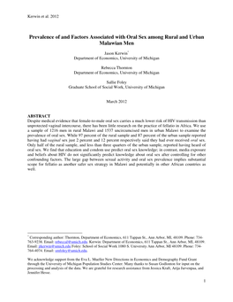 Prevalence of and Factors Associated with Oral Sex Among Rural and Urban Malawian Men