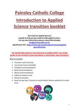 Painsley Catholic College Introduction to Applied Science Transition Booklet