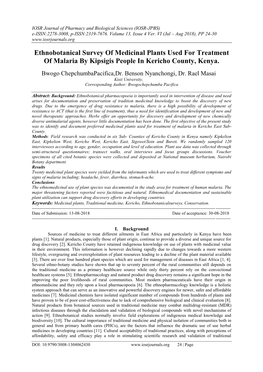 Ethnobotanical Survey of Medicinal Plants Used for Treatment of Malaria by Kipsigis People in Kericho County, Kenya