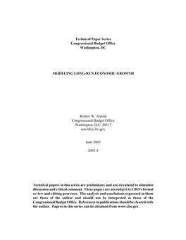 Technical Paper Series Congressional Budget Office Washington, DC