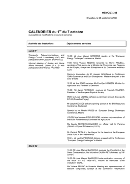 CALENDRIER Du 1Er Du 7 Octobre (Susceptible De Modifications En Cours De Semaine)