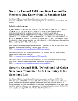 Security Council ISIL (Da’Esh) and Al-Qaida Sanctions Committee Adds One Entry to Its Sanctions List