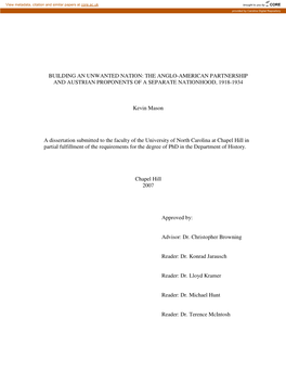 Building an Unwanted Nation: the Anglo-American Partnership and Austrian Proponents of a Separate Nationhood, 1918-1934