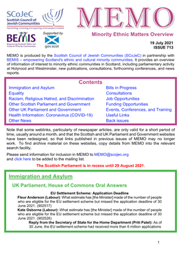 MEMO Is Produced by the Scottish Council of Jewish Communities (Scojec) in Partnership with BEMIS – Empowering Scotland's Ethnic and Cultural Minority Communities