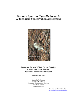 Brewer's Sparrow (Spizella Breweri): a Technical Conservation Assessment