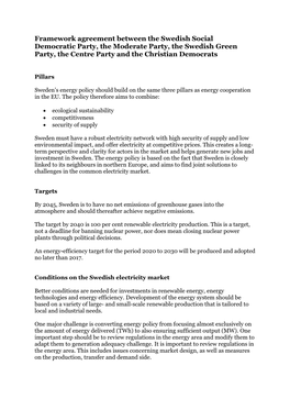 Framework Agreement Between the Swedish Social Democratic Party, the Moderate Party, the Swedish Green Party, the Centre Party and the Christian Democrats