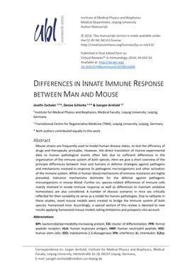 Differences in Innate Immune Response Between Man and Mouse