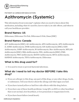 Azithromycin (Systemic) | Memorial Sloan Kettering Cancer Center