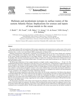 Hafnium and Neodymium Isotopes in Surface Waters of the Eastern Atlantic Ocean: Implications for Sources and Inputs of Trace Metals to the Ocean