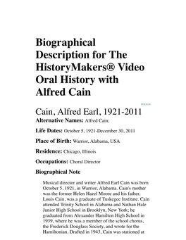 Biographical Description for the Historymakers® Video Oral History with Alfred Cain