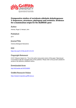 Comparative Studies of Vertebrate Aldehyde Dehydrogenase 3: Sequences, Structures, Phylogeny and Evolution
