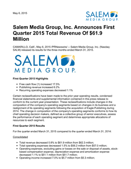 Salem Media Group, Inc. Announces First Quarter 2015 Total Revenue of $61.9 Million