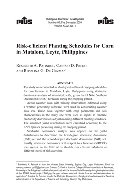 Risk-Efficient Planting Schedules for Corn in Matalom, Leyte, Philippines