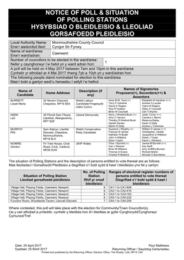 Notice of Poll & Situation of Polling Stations Hysybsiad O Bleidleisio & Lleoliad Gorsafoedd Pleidleisio