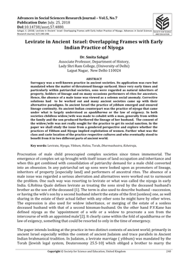 Levirate in Ancient Israel: Overlapping Frames with Early Indian Practice of Niyoga