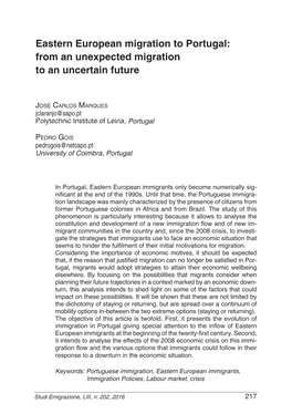 Eastern European Migration to Portugal: from an Unexpected Migration to an Uncertain Future