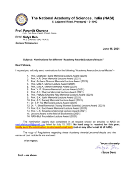 Nominations for Different “Academy Awards/Lectures/ Medals”