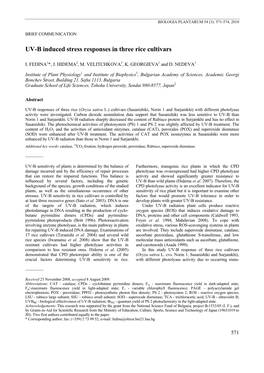 UV-B Induced Stress Responses in Three Rice Cultivars